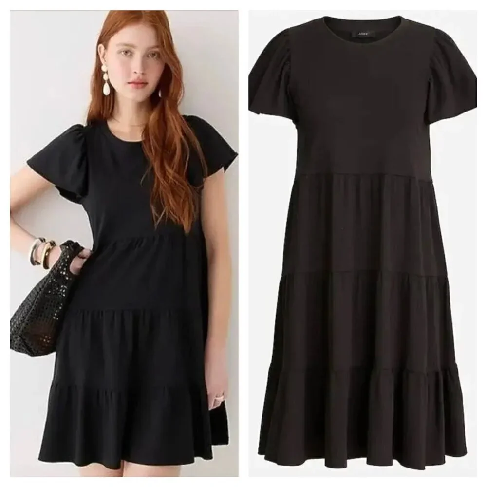 J. Crew Knit Broken In Jersey Tiered Mini Dress Flutter Short Sleeve Black M